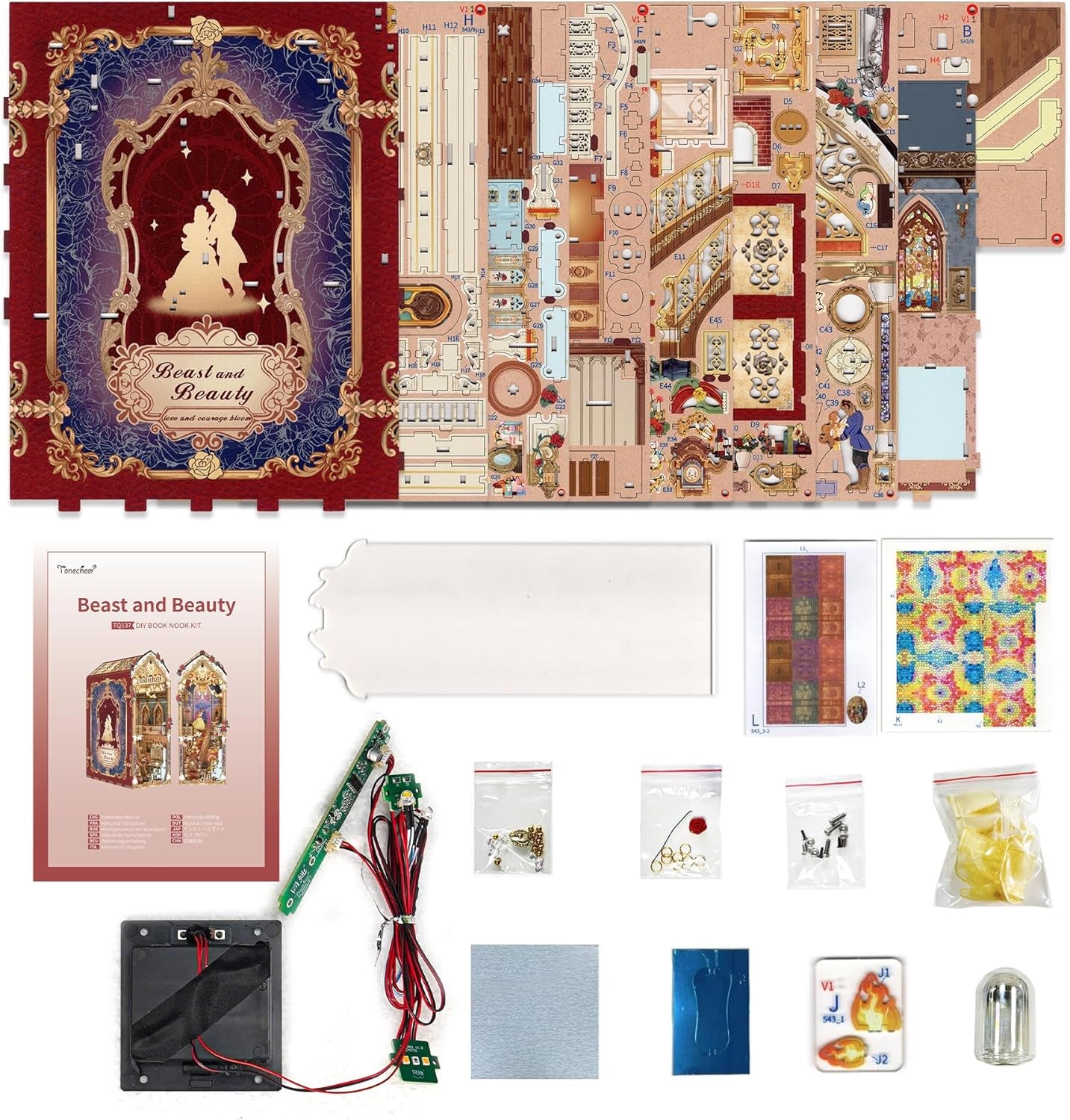 DIY Book Nook Kit for Adults, 3D Wooden Puzzle Music Booknook Miniature Dollhouse, Fairy Tale Bookend Bookshelf Decor with Dust Cover and LED Lights Gifts (Beast and Beauty)