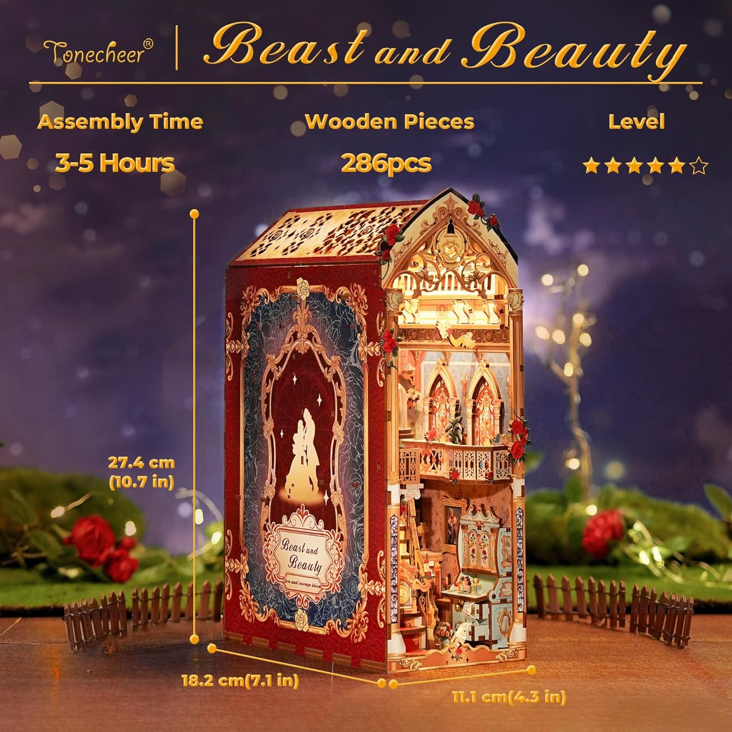 DIY Book Nook Kit for Adults, 3D Wooden Puzzle Music Booknook Miniature Dollhouse, Fairy Tale Bookend Bookshelf Decor with Dust Cover and LED Lights Gifts (Beast‌ and Beauty)