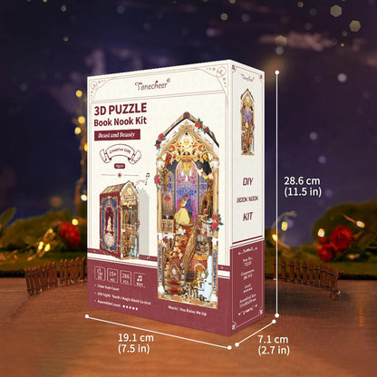 DIY Book Nook Kit for Adults, 3D Wooden Puzzle Music Booknook Miniature Dollhouse, Fairy Tale Bookend Bookshelf Decor with Dust Cover and LED Lights Gifts (Beast‌ and Beauty)