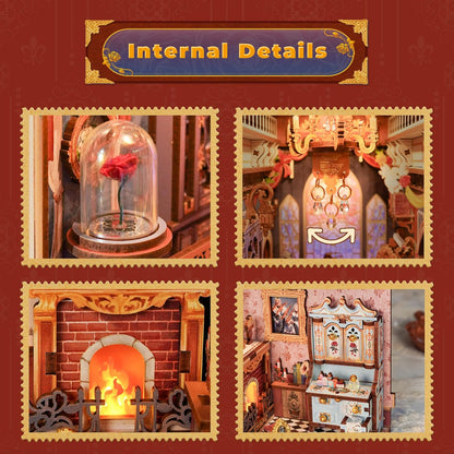 DIY Book Nook Kit for Adults, 3D Wooden Puzzle Music Booknook Miniature Dollhouse, Fairy Tale Bookend Bookshelf Decor with Dust Cover and LED Lights Gifts (Beast‌ and Beauty)