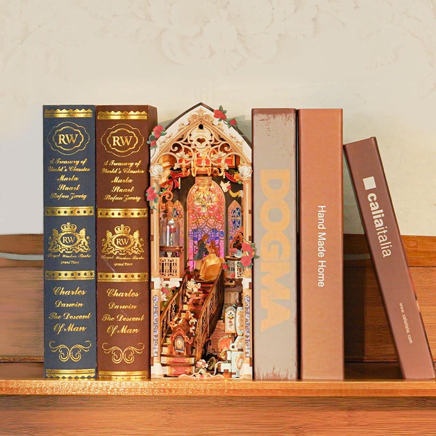 DIY Book Nook Kit for Adults, 3D Wooden Puzzle Music Booknook Miniature Dollhouse, Fairy Tale Bookend Bookshelf Decor with Dust Cover and LED Lights Gifts (Beast‌ and Beauty)